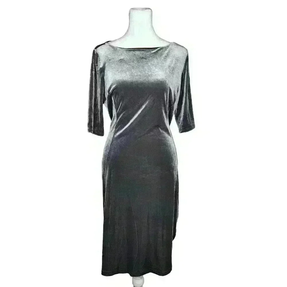 Lands' End women's gray velour half sleeve midi dress size petite medium